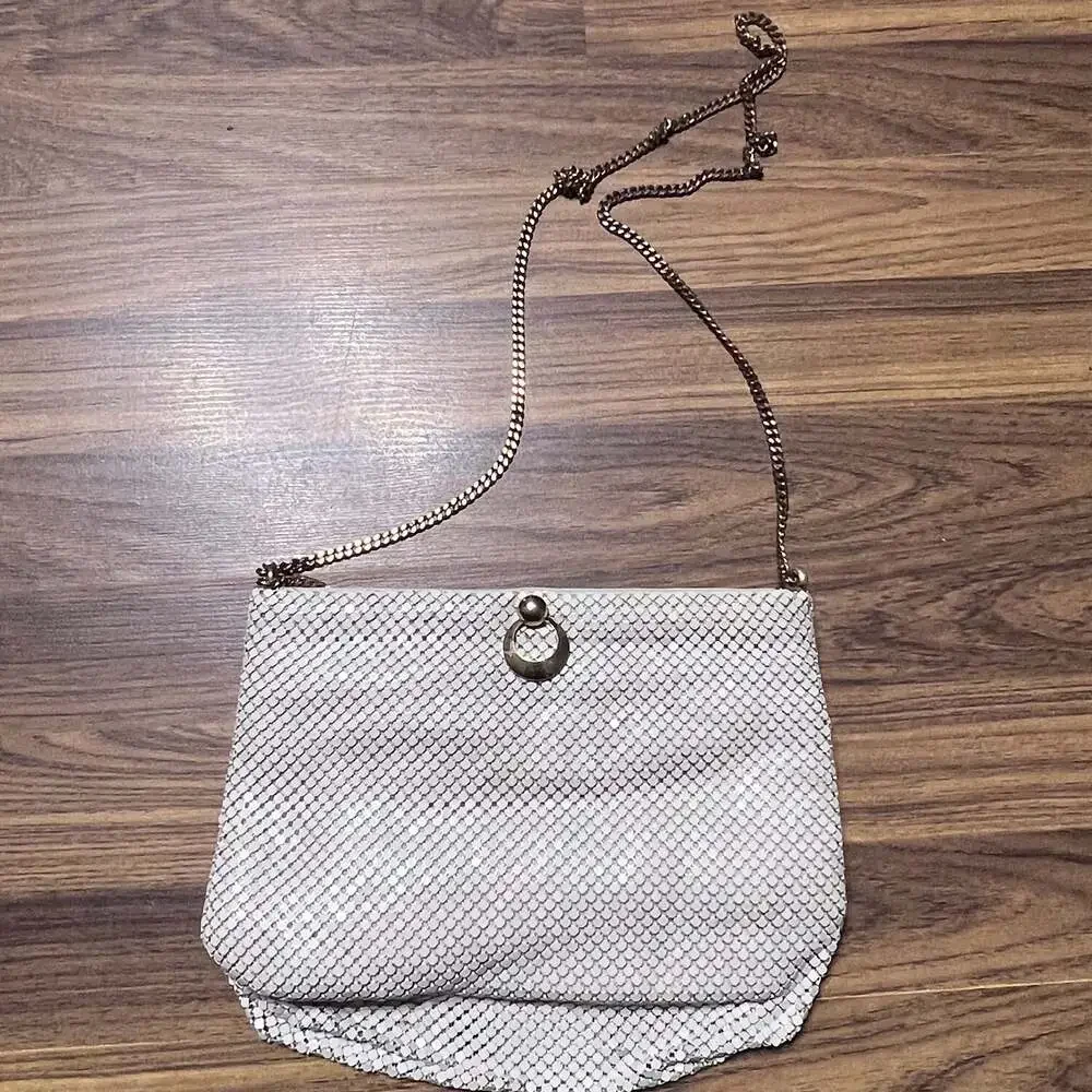 Whiting & Davis International Vintage White Metal Mesh Evening Bag with Gold Cha
